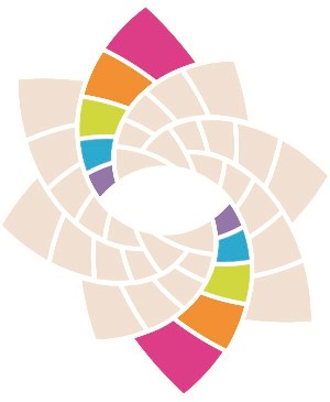 Colorful geometric pattern with overlapping shapes and a central white space.